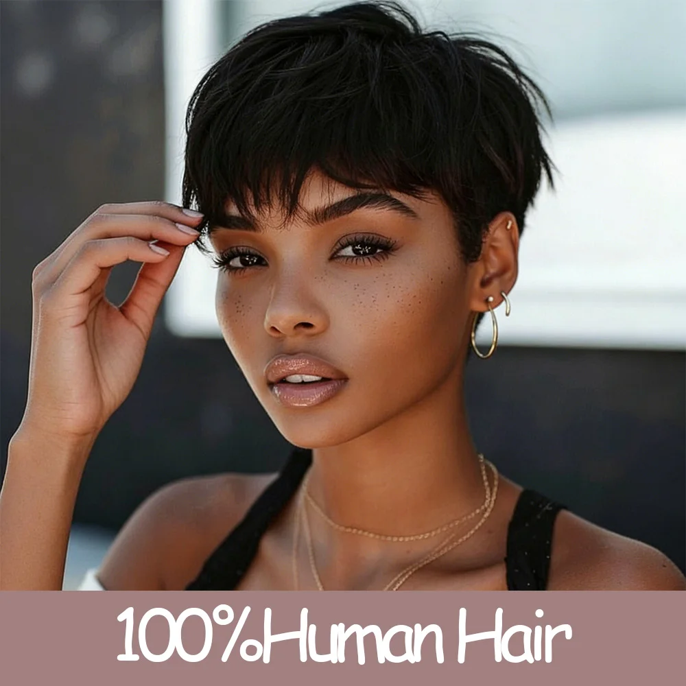 

Короткие парики из натуральных волос, стрижка пикси, полностью машинной работы, многослойные, естественный вид, универсальные для повседневного использования, 100% натуральные волосы.