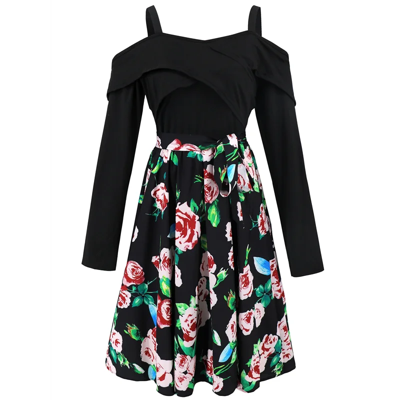 ABP-Women's Spring And Autumn Slim Fit Long Sleeve Off-The-Shoulder Floral A-Line Dress