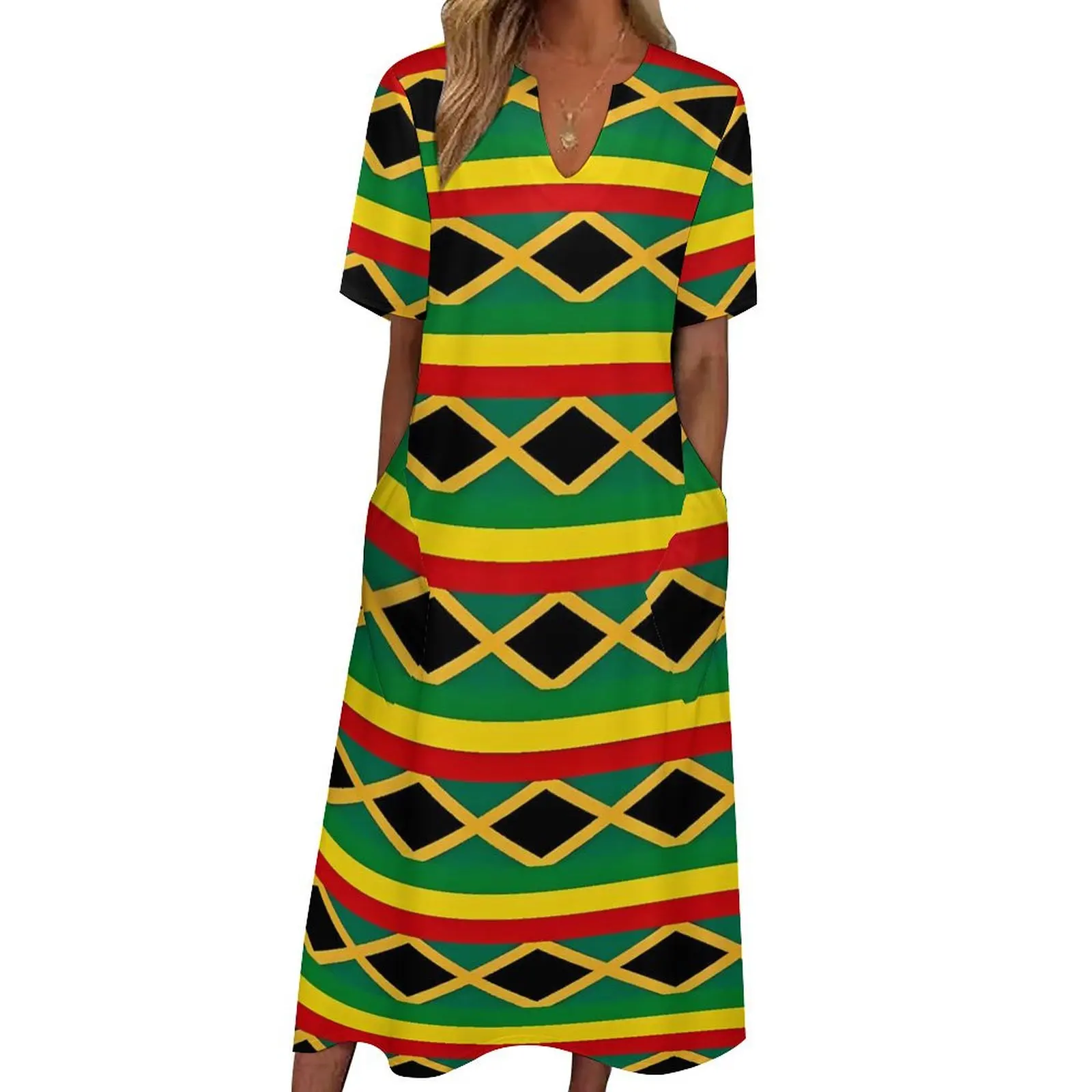 Jamaican Flag Dress Yellow Red Stripes Trendy Maxi Dress Street Fashion Casual Long Dresses Summer Short Sleeve Graphic Clothing