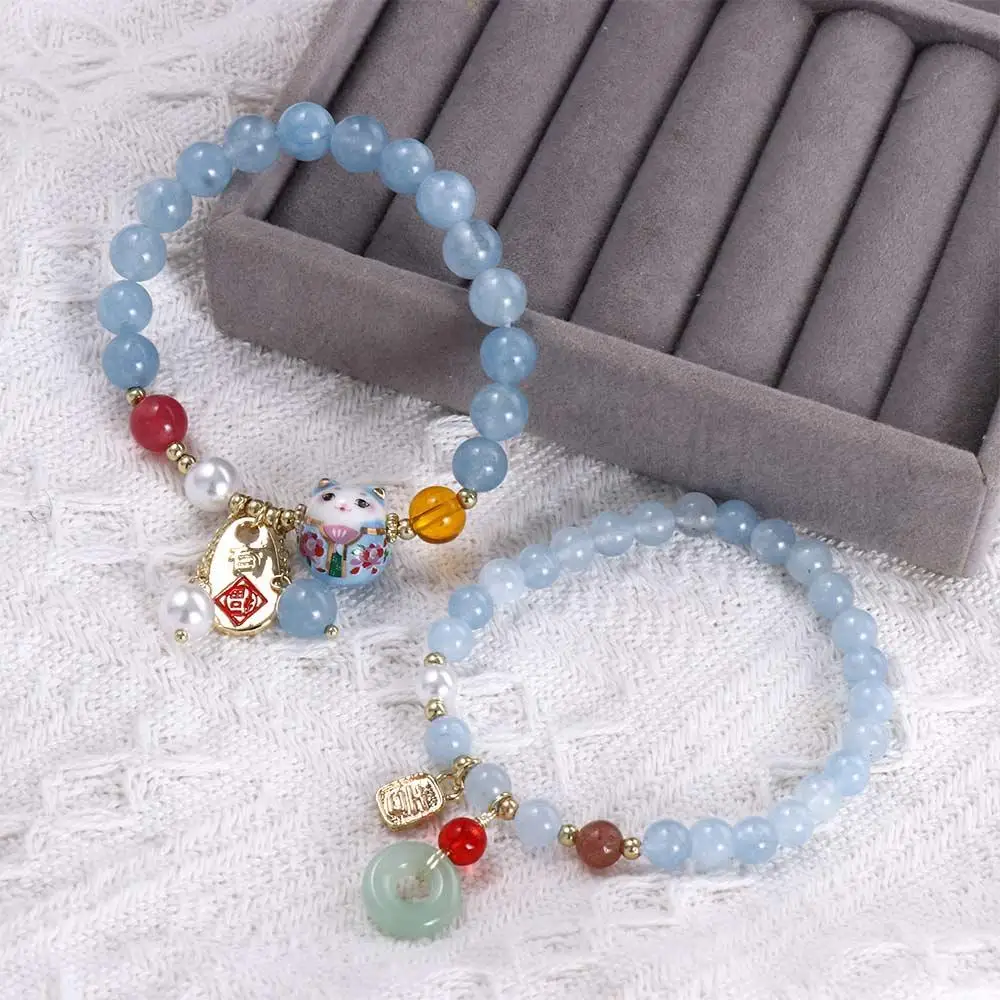 Maneki Neko اللؤلؤ محظوظ القط قلادة الزمرد أساور الخرزة أساور الإناث اليد سلسلة أساور اليشم أساور النمط الكوري