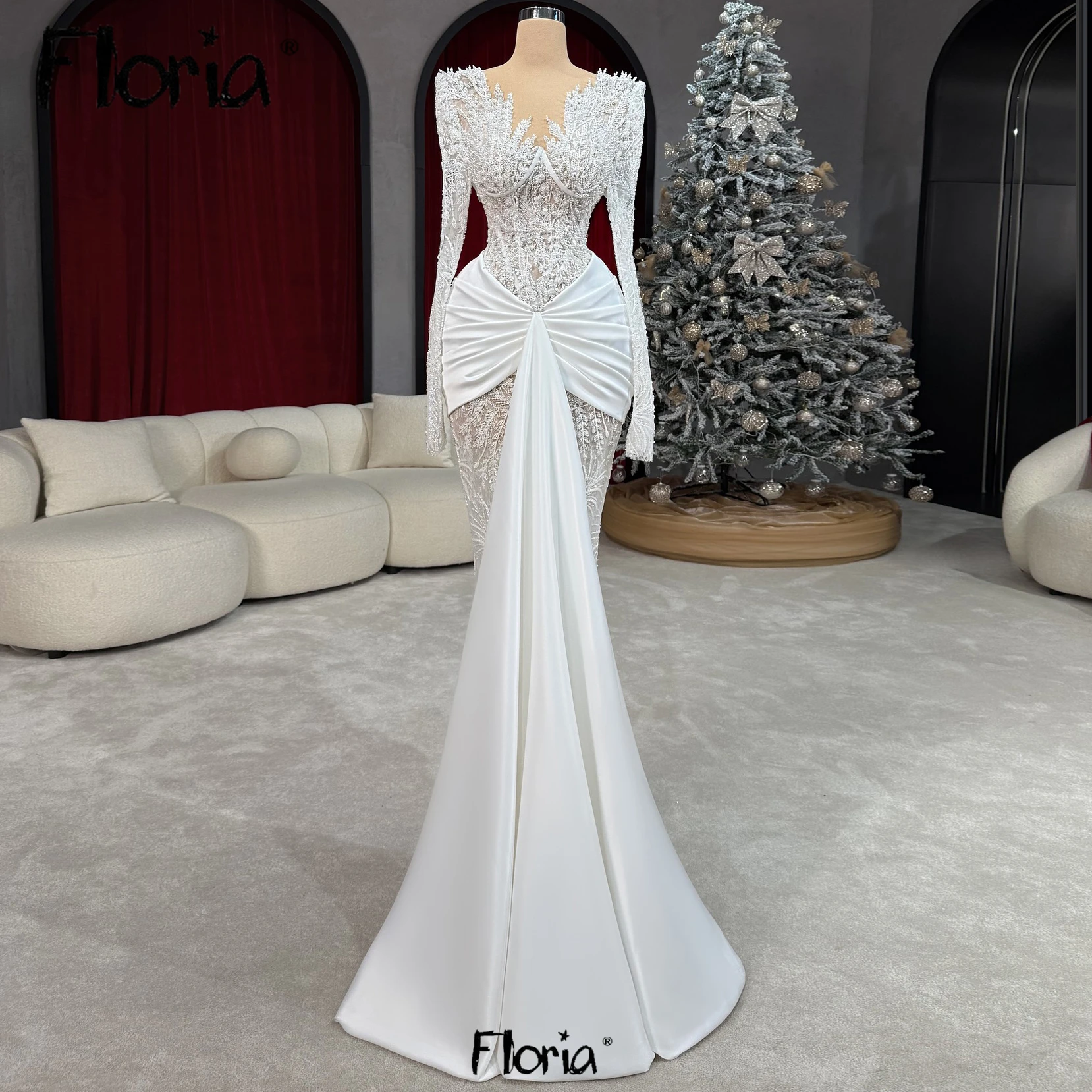 Branco profundo decote em v vestido de noite muçulmano aravic sereia casamento segunda recepção vestidos personalizados rendas apliques vestido de noiva