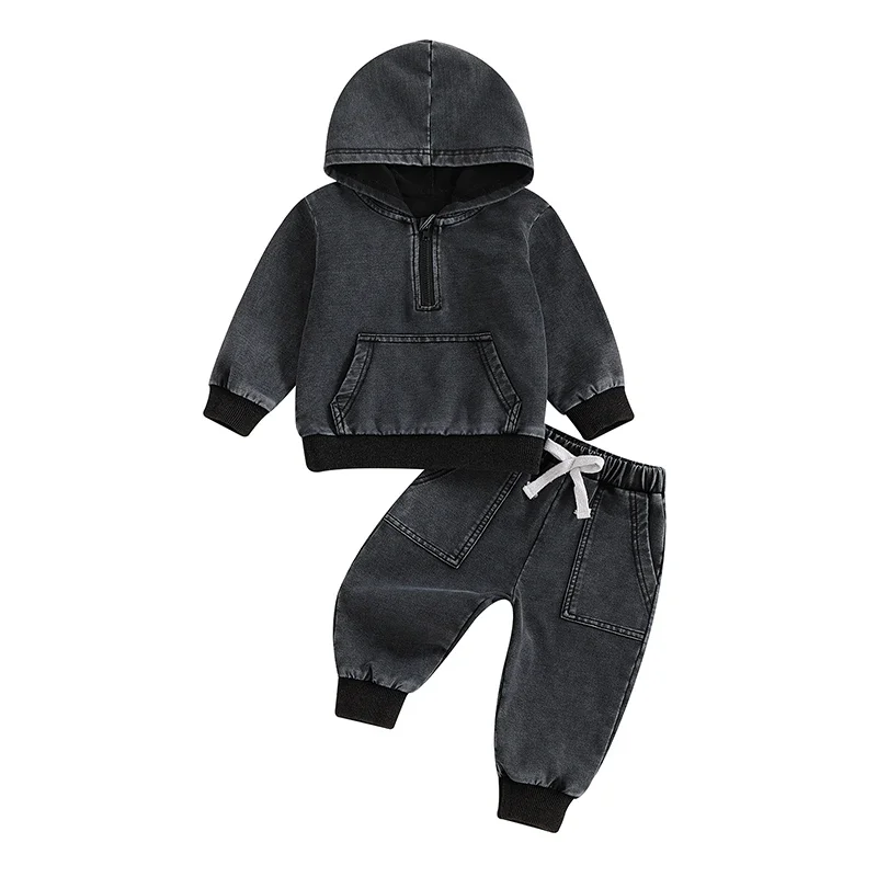 Baby Boys Denim Pant Sets Long Sleeve Hoodie with Elastic Waist Sweatpants 2 piece Outfit Boys Fall Clothes Streetwear