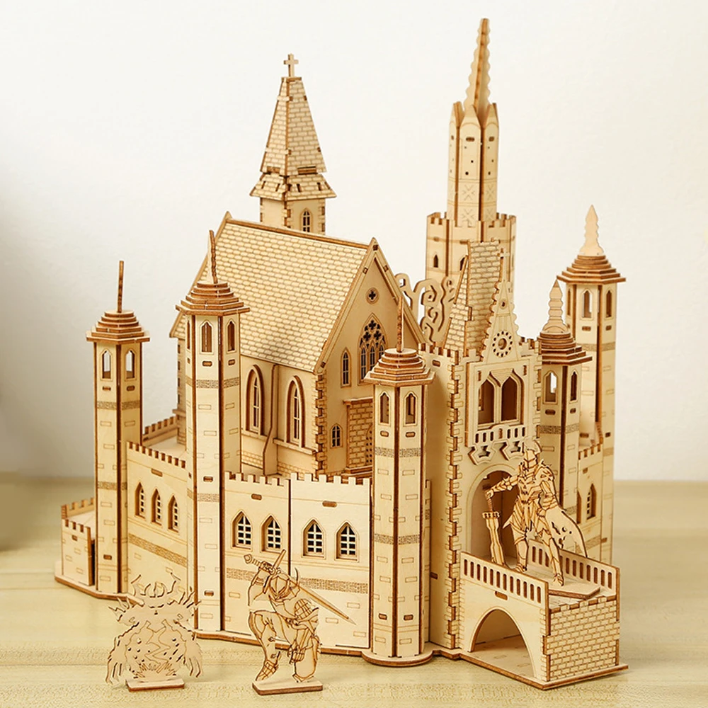 Casa de Rompecabezas de Madera 3D, Royal Knight's Creed: El Castillo Perdido, Kits de Modelos de Ensamblaje DIY, Juguete Retro para Niños, Regalos de Decoración para Adultos