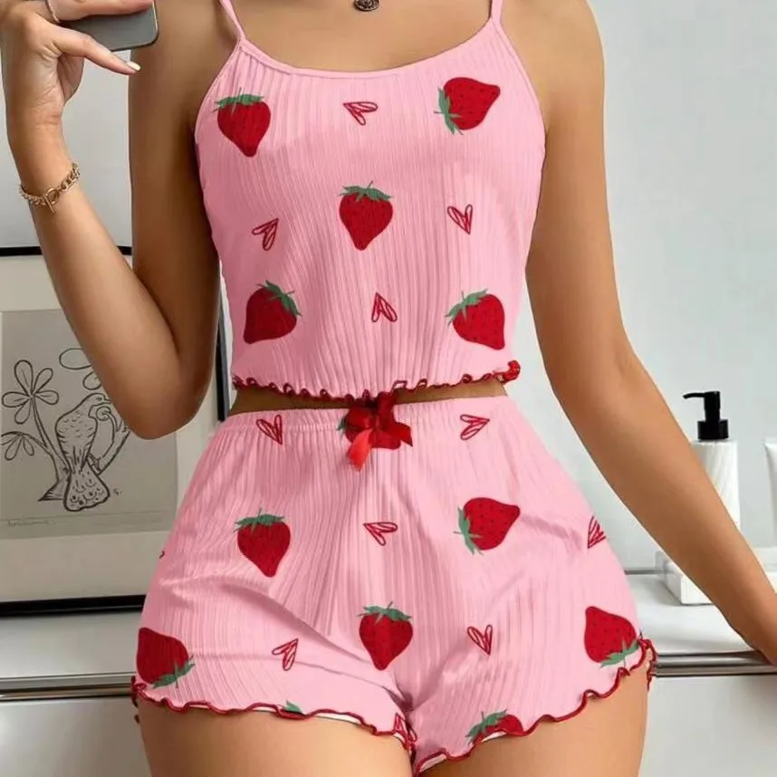 Home Wear Two-piece Set European American Sleepwear Women Cute Printed Sexy Camisole Vest Shorts Women Casual Two-piece Pajamas