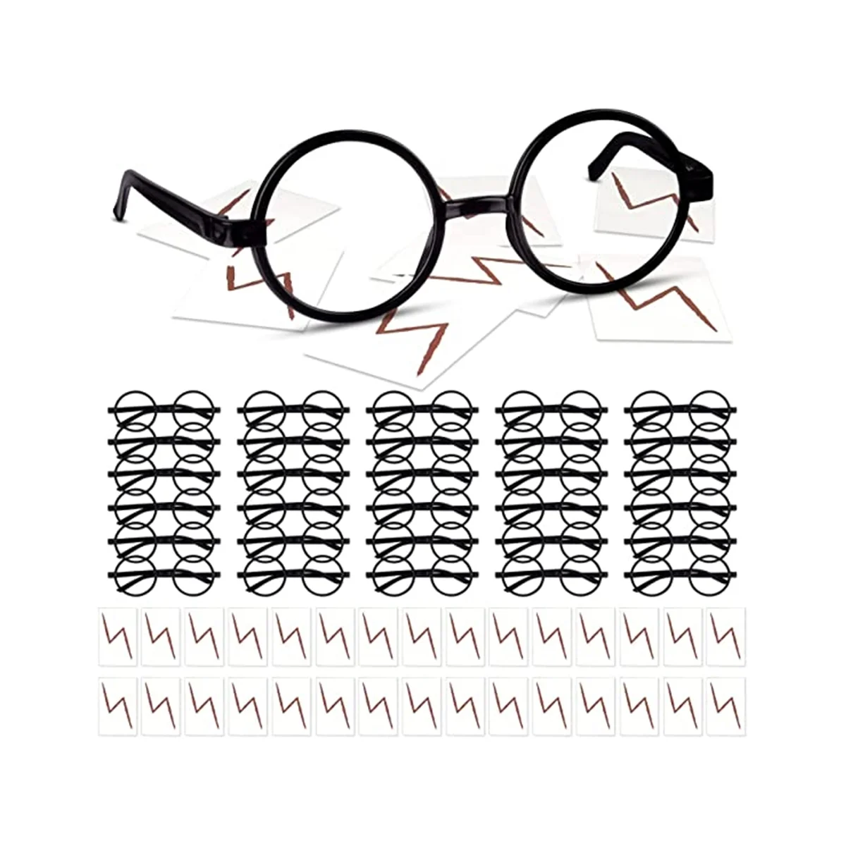 30 Pieces Wizard Round Glasses Frame No Lenses Eyeglasses with 30 Pieces Bolt Tattoos for Kids Halloween Party