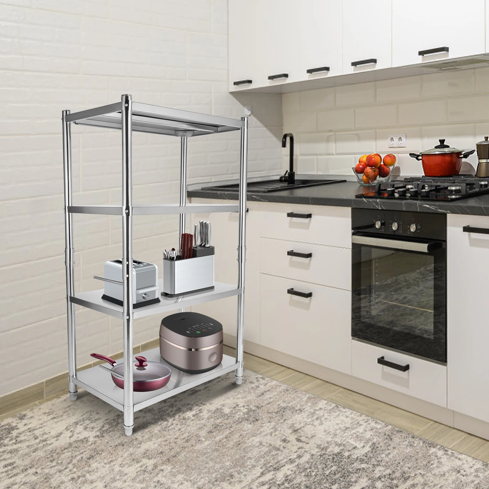 

4 Tier Stainless Steel Shelving Unit, Adjustable Storage Shelf for Kitchen Garage Pantry, Commercial Metal Rack Silver Shelves