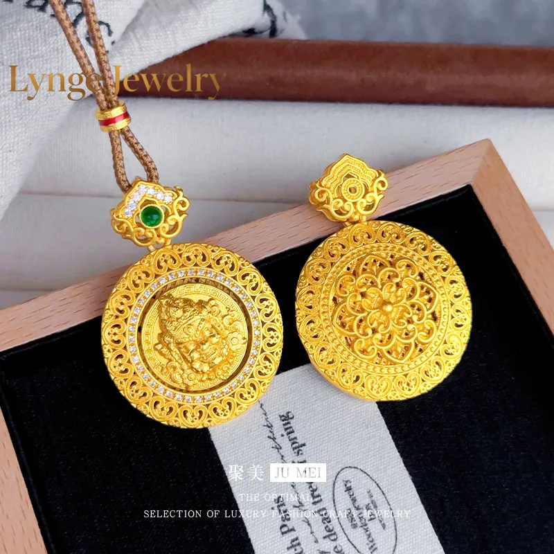 Lynge Jewelry New Chinese style 9999 24K real gold hollow filament point diamond rotatable yellow wealth god compass pendant rop