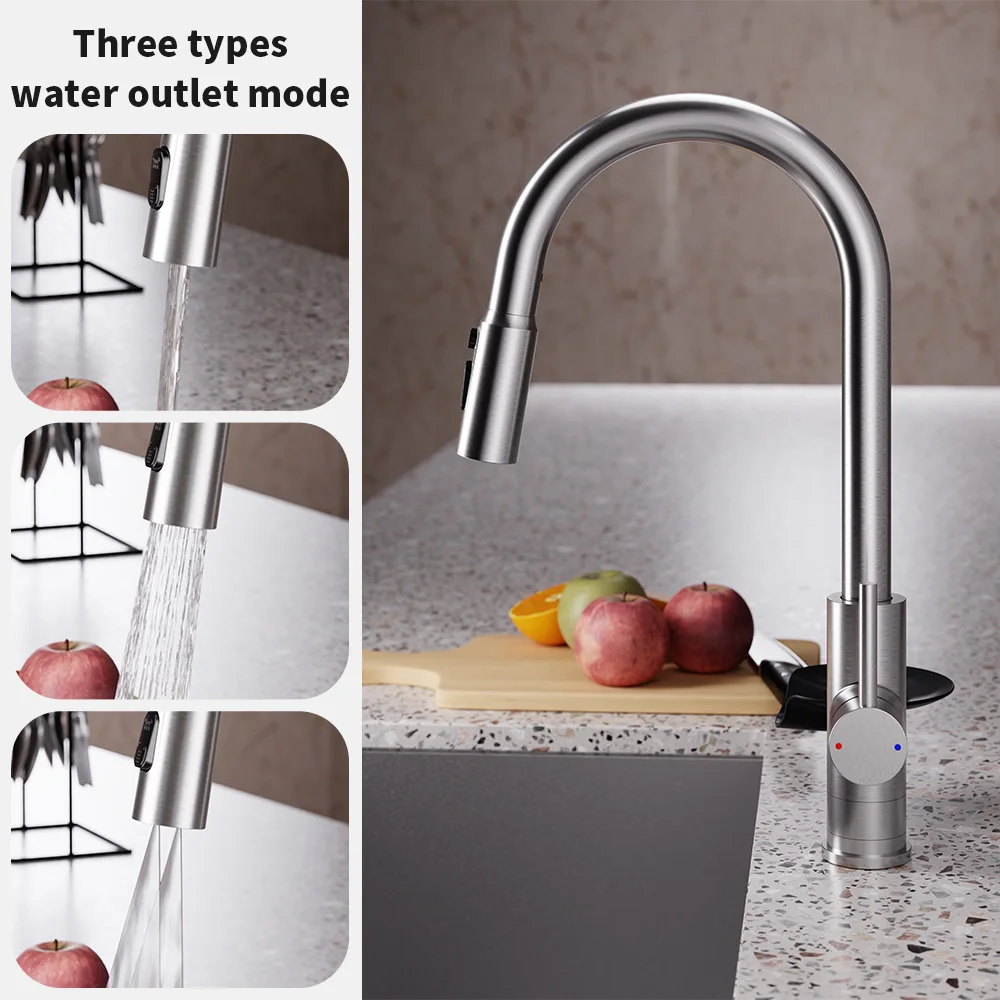 Kitchen pull-out mixer tap with extendable hot and cold water spout, sink mixer tap with cup washer and swivel spout