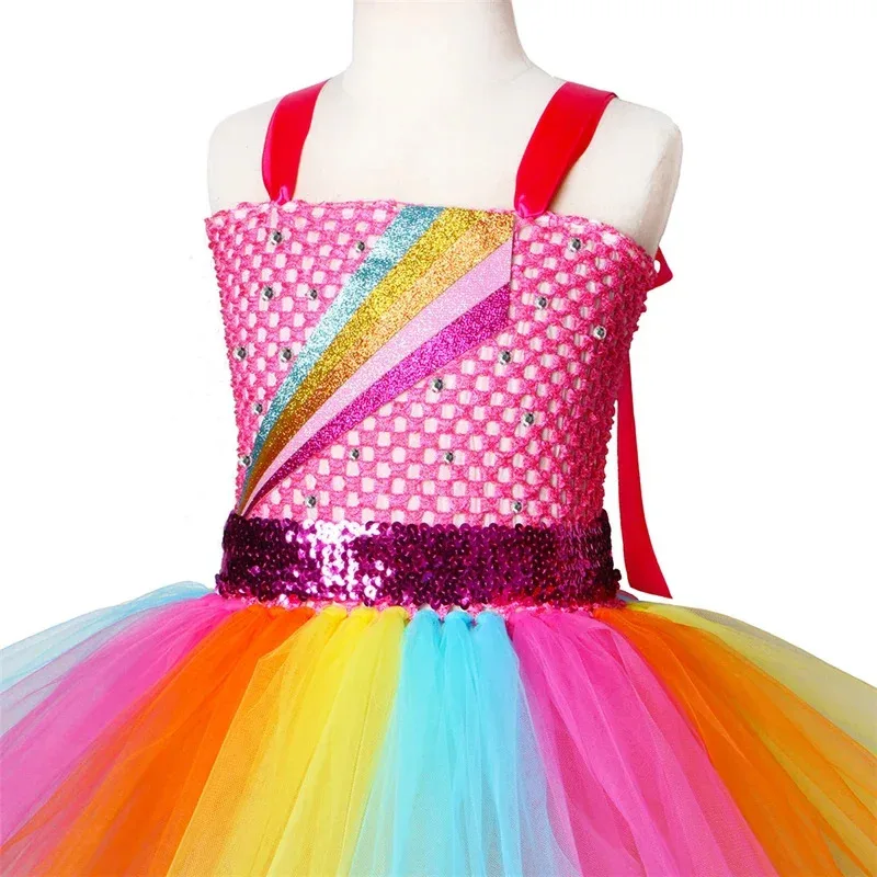 Hot Pink Jojo Siwa Costumes for Girls Rainbow Princess Dresses with Big Bow Hair Clip Kids Birthday Ballet Tutus New Year Ou@0Z*