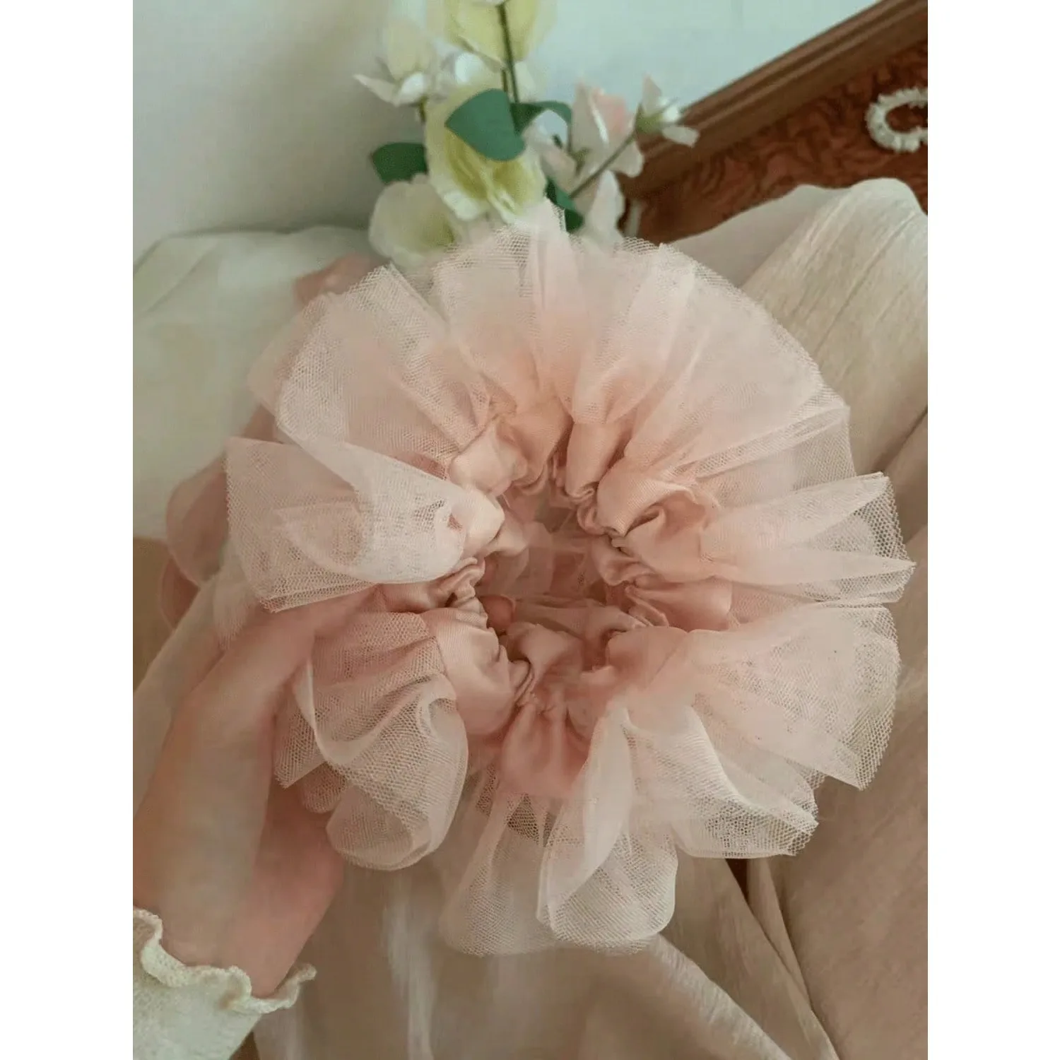 

Pink Ruffled Tulle Scrunchie Women, Large Floral Hair Tie, Ballet Style Hair Accessory Ponytail Holders Scrunchy