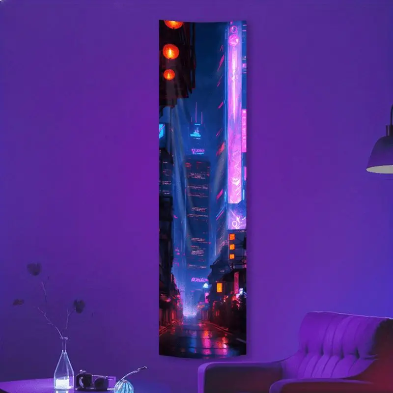 Long Vertical Version Of Cyberpunk City Tapestry, Living Room, Apartment Background, Wall Decoration, Room Decoration
