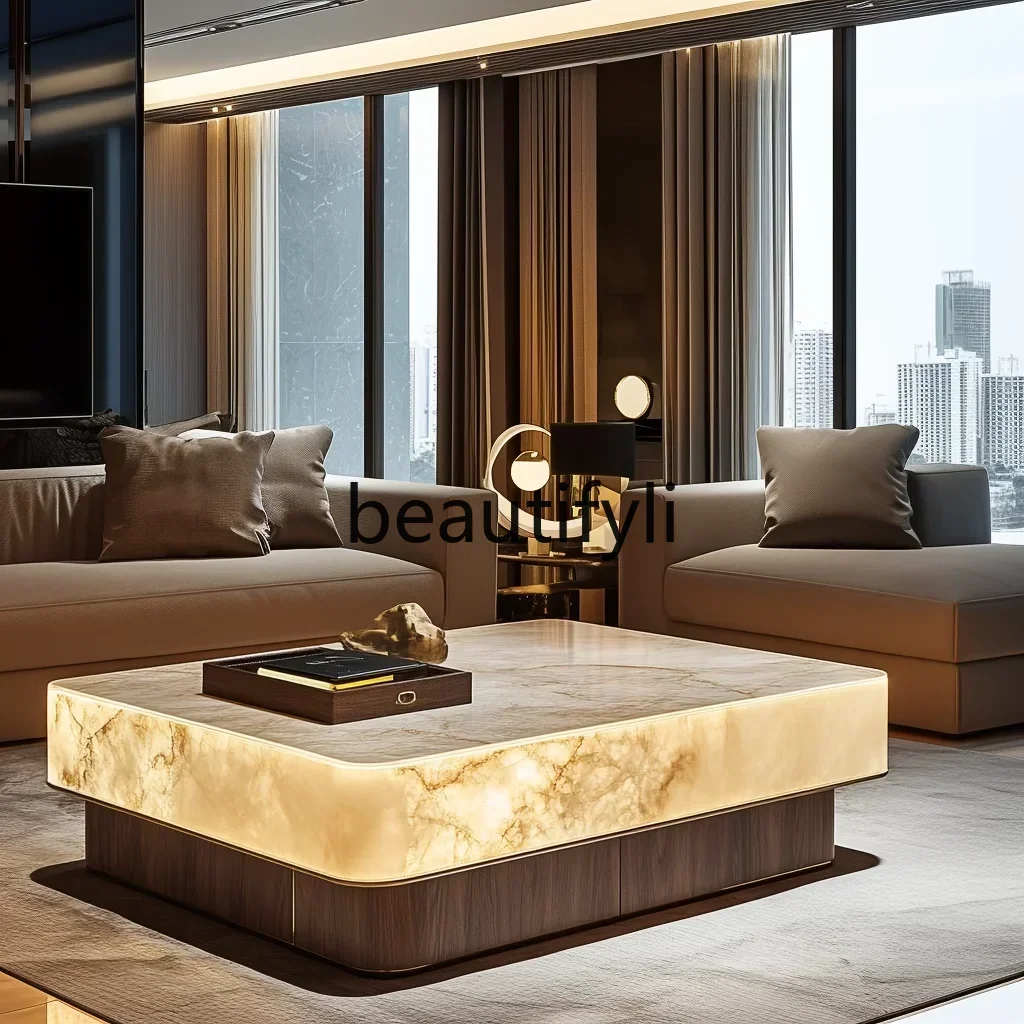 GLuminous jade coffee table natural marble rectangular luxury stone solid wood advanced light luxury  living room coffee table