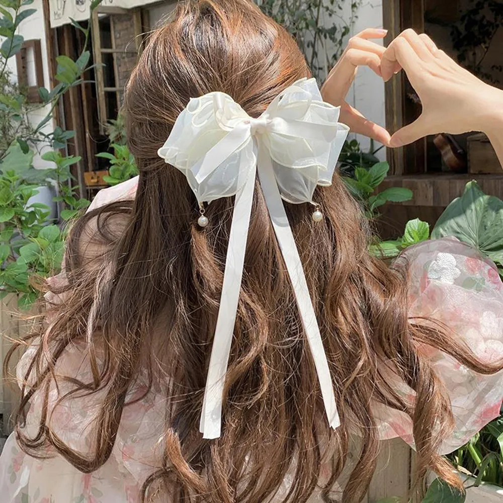 

2025 Sweet Exquisite Bow Hair Clip For Girls Long Ribbon Bow Hairclip For Women Bowknot Barrettes Pearl Hairpin Headwear
