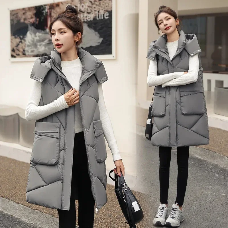 Women Long Hooded Warm Vest Women Solid Detachable Hat Waistcoat Sleeveless Jacket Parka Coats Female Down Cotton Vests B371