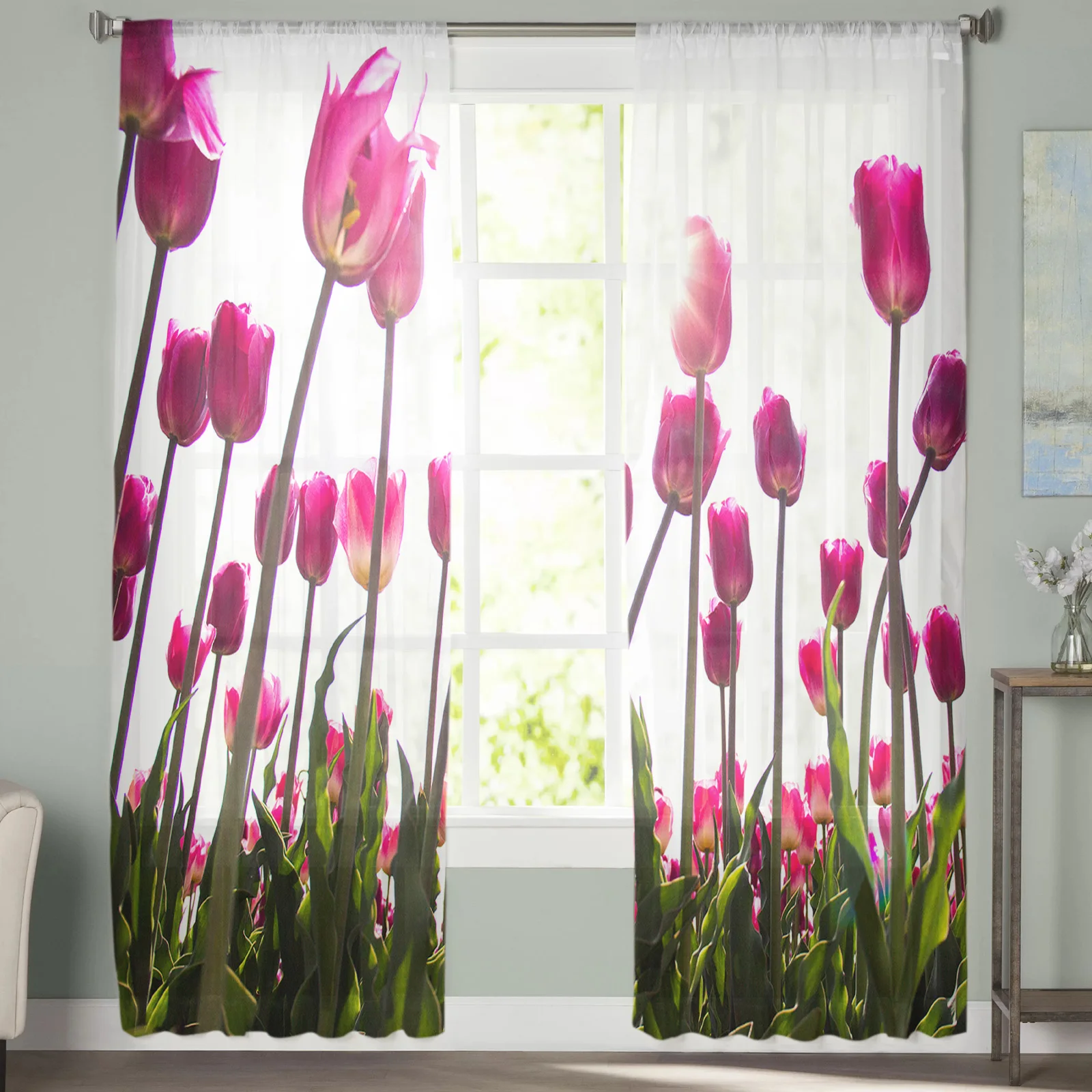 Sunlight Plant Tulip Flower Sheer Curtain for Living Room Bedroom Voile Drape Kitchen Window Tulle Curtains Home Essentials