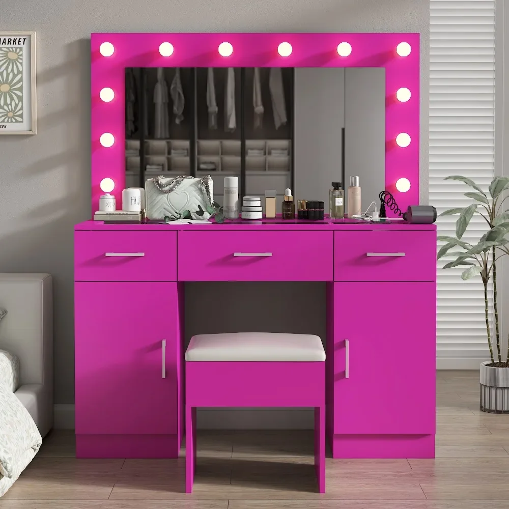 Vanity Desk Set with Large Lighted Mirror and Powre Outlet, 3 Drawers and 2 Cabinets, Vanity Table with 12 LED Lights Pink