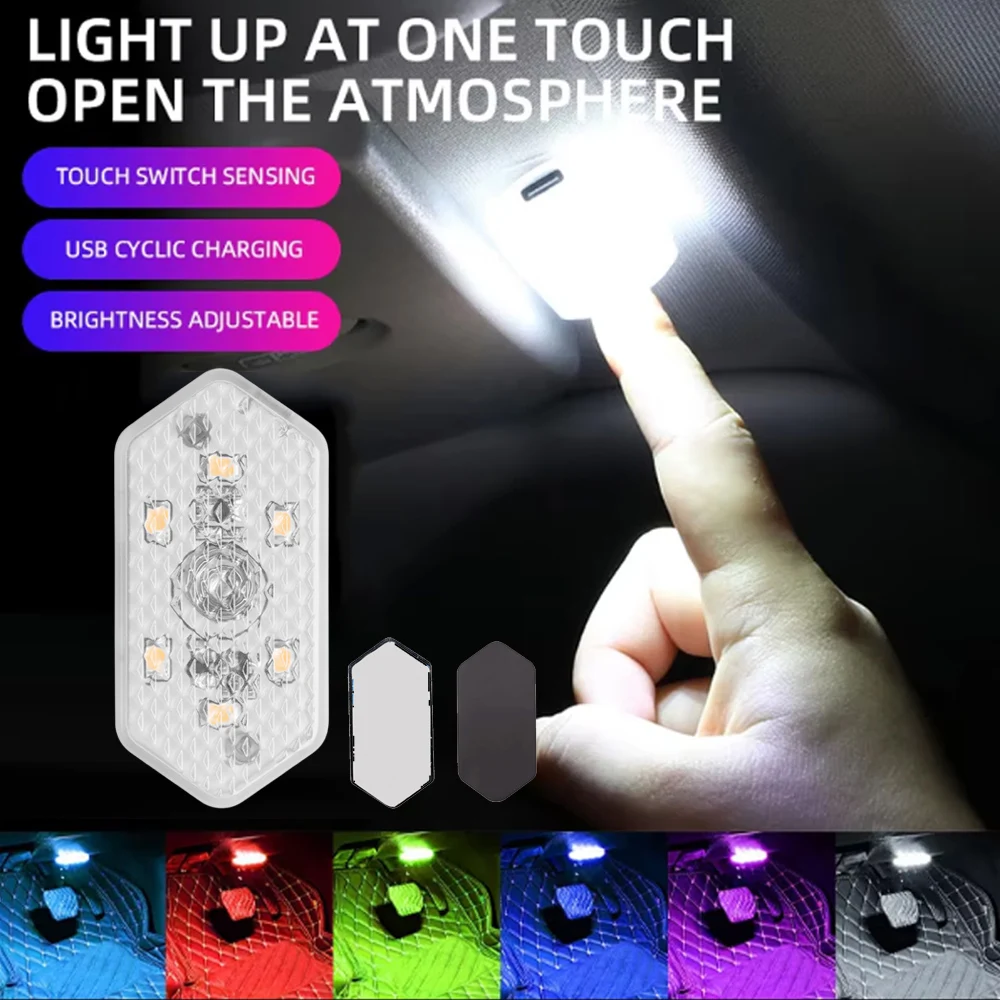 LED Car Mini Touch Light USB Charging Portable Auto Roof Ceiling Reading Night Lamp Wireless Magnetic Decoration Ambinet Light