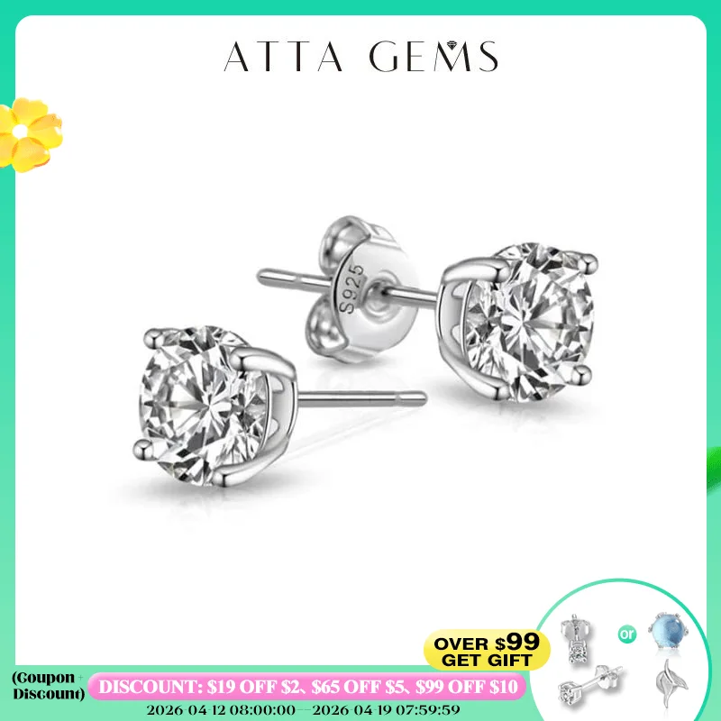 

ATTAGEMS 1 Carat 6.5mm D Color Moissanite Stud Earrings For Women Top Quality Solid 925 Sterling Silver Classic Wedding Jewelry