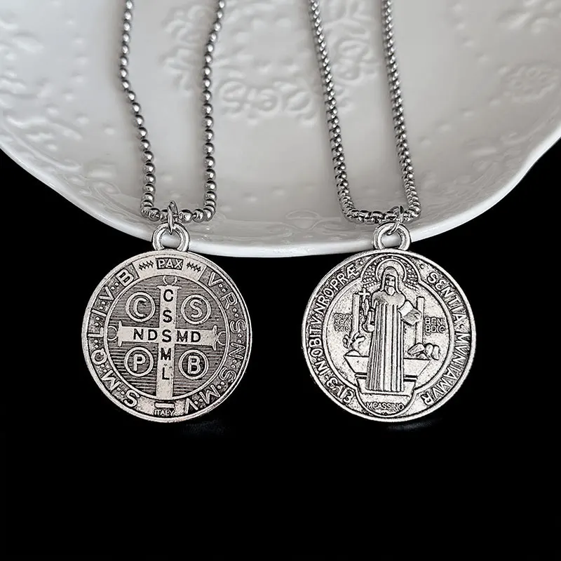 Catholic Saint Benedict Medallion Pendant Necklace Stainles Steel San Benito Collares Choker Necklaces Creativity Gift