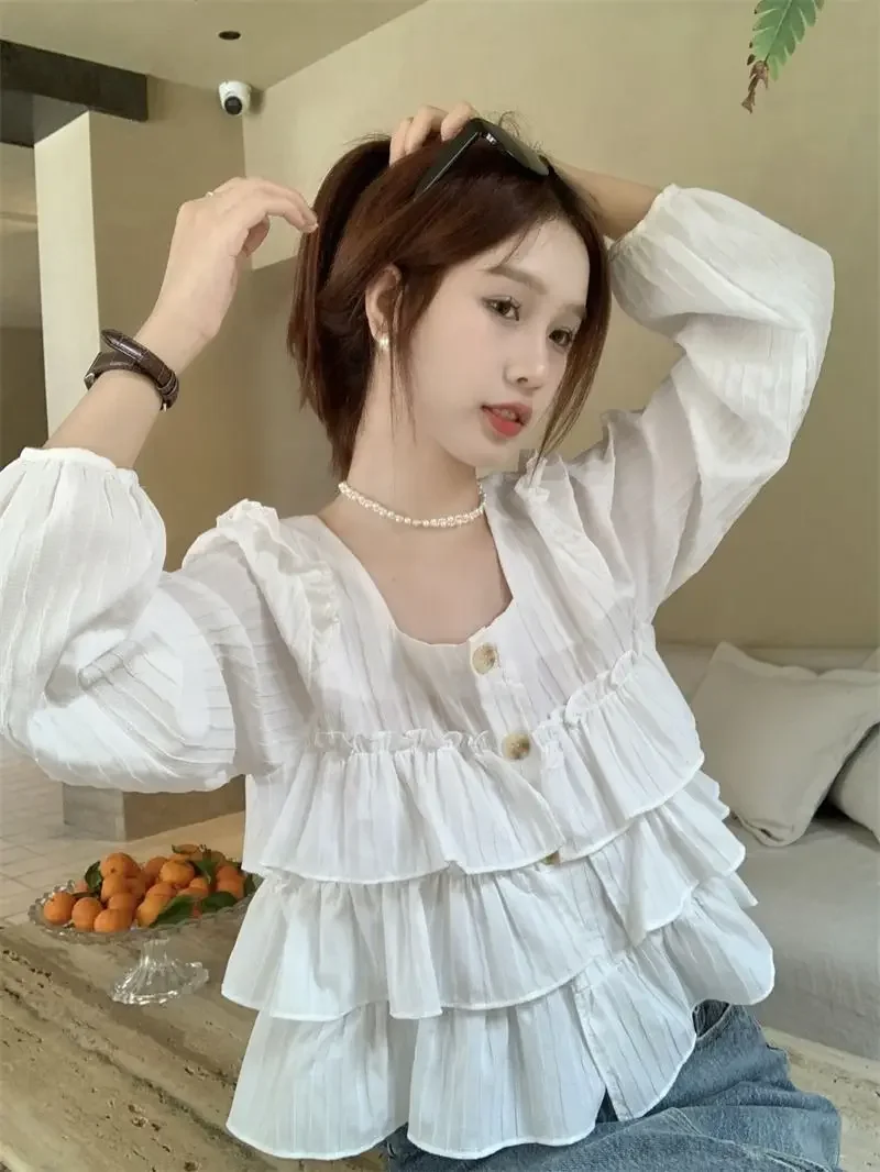 

Elegant Sweet Patchwork Ruffles Blouses 2025 Summer New Square Collar Shirts Women Y2k E-Girl Long Sleeve White Blusas Mujer