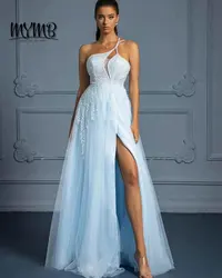 MYMB Light blue Spaghetti Straps Evening Prom Gowns for Women Party Luxury A-Line Split Lace Up Back Beaded Girls Princess Dress