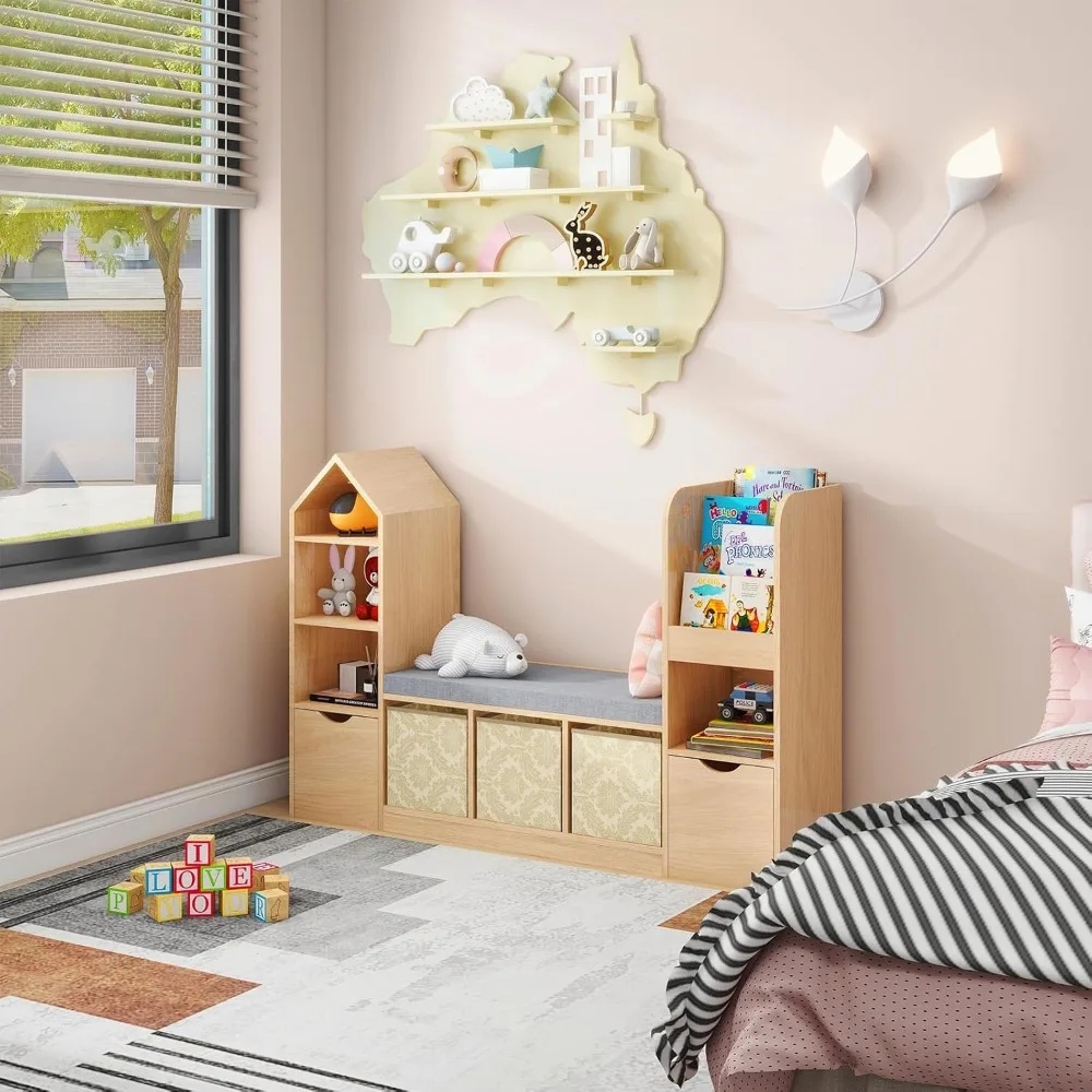 Многофункциональный детский органайзер для хранения книжной полки с уголоком для чтения и 7 кубиками для детских книг и игрушек