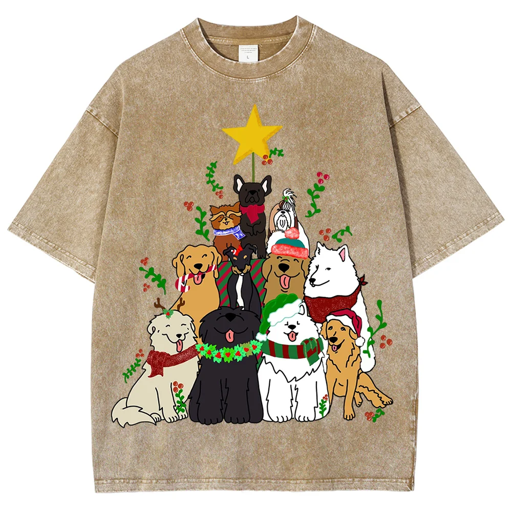 Christmas Dog Tree Graphic T-shirt Unisex Vintage Washed Short Sleeve Tee Cute Multi Breed Dog Print Casual Oversized Tops