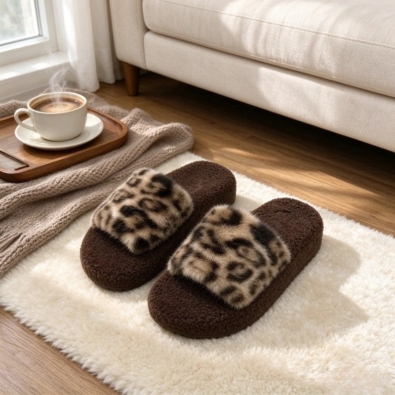 Women Leopard Plush Slide Slippers, Thick Sole Warm Furry Slippers Autumn Winter Indoor Outdoor Bedroom Footwear 1 Pair
