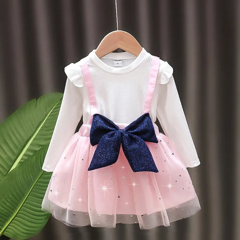 

Baby Girl Dress Clothes Bow Straps Long Sleeve Tulle Dress Princess Costume Children Clothing Mesh Tutu Dress Ball Gown Kid A848