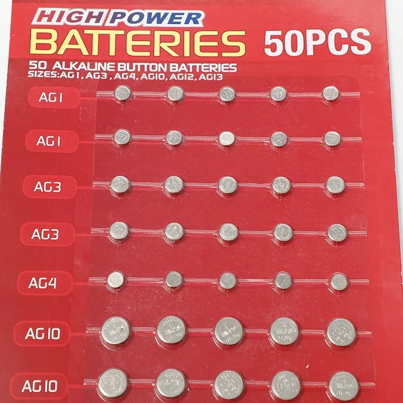 

50PCS Coin Battery Assorted Sizes AG1 AG3 AG4 AG5 AG12 AG13 LR44 SR44 1.5V Bulk Pack for Remotes Watches Toys Cards Button Cells