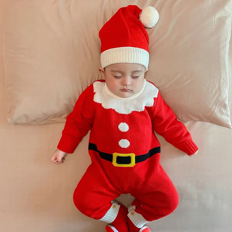 MILANCEL Christmas Baby Clothes Knit Santa Clause Rompers Option Prom Hat