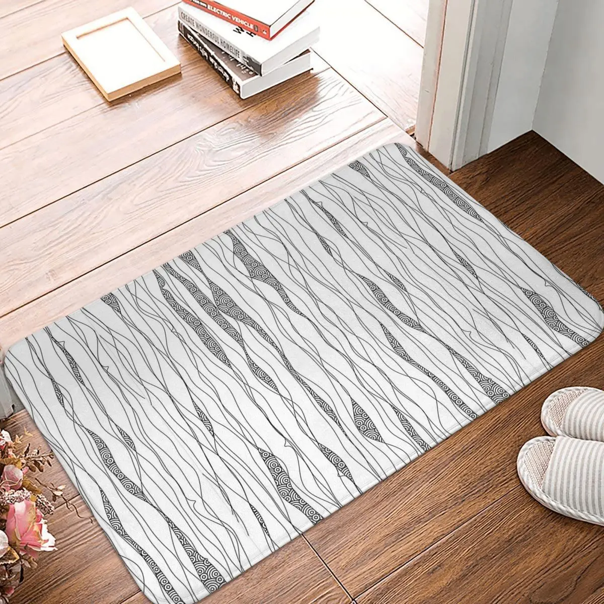 Black And White Wavy Art Lines With Nautical Elements Non-slip Doormat Floor Mat Carpet Rug for Kitchen Balcony Footpad Mats