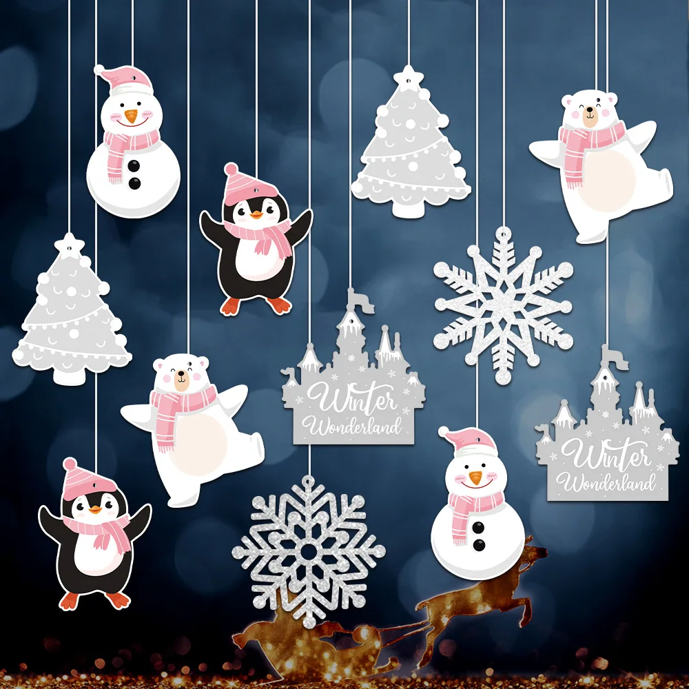 

New Winter Christmas Decorations - Pink Penguin & Snowman Hanging Ornaments, Ceiling Decor for Birthday Party & Festive Events