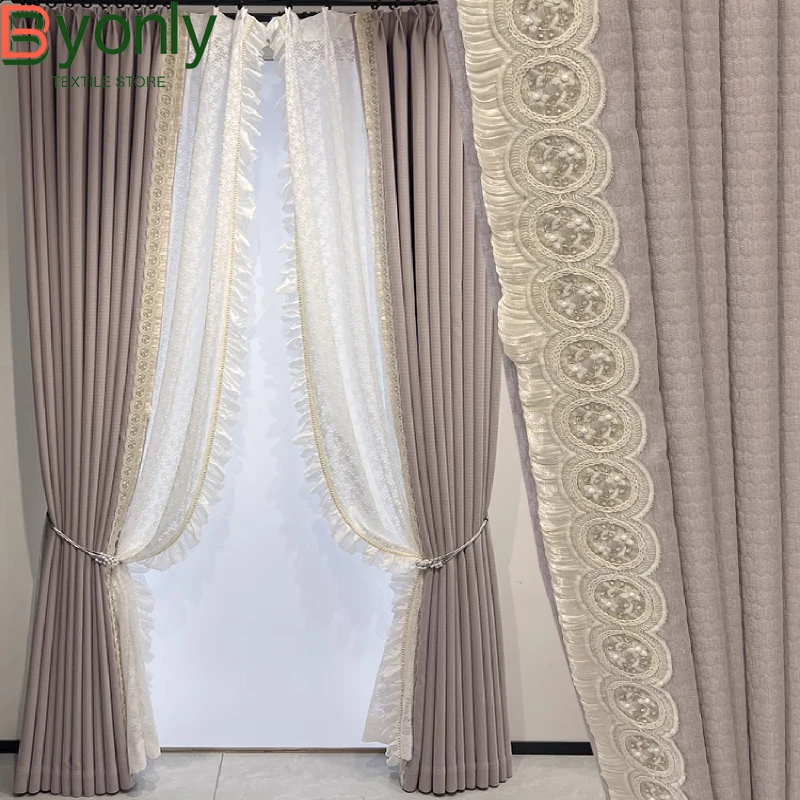 

Lace Beaded Embroidery Window Screen Purple Thickened Chenille Curtains for Living Room Bedroom French Window Balcony Customized