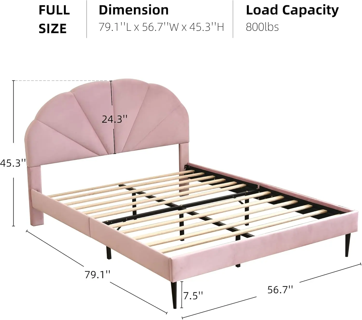 Bed Frame Size, Aesthetic Upholstered Bed with Unique Seashell Headboard, Soft Velvet Platform Bed, Strong