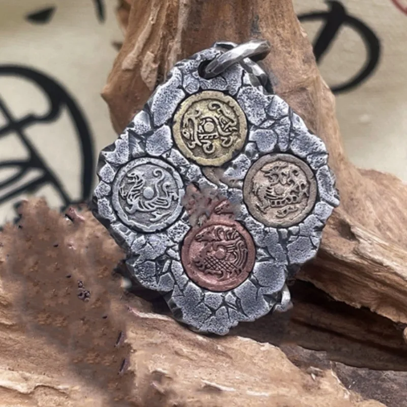 Retro ethnic style simple irregular pendant Four divine beasts faceted charms hip-hop style necklace men and women jewelry