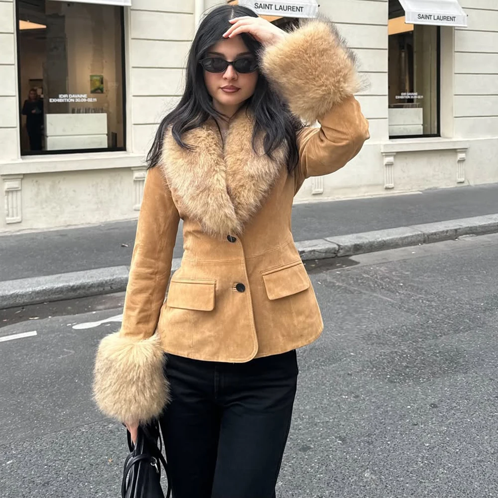 Ticketsx Fashion Suede Fur Collar Jacket Women Single Breast Pockets Slim Women Coat Elegant Vintage Winter Warm Street Clothing