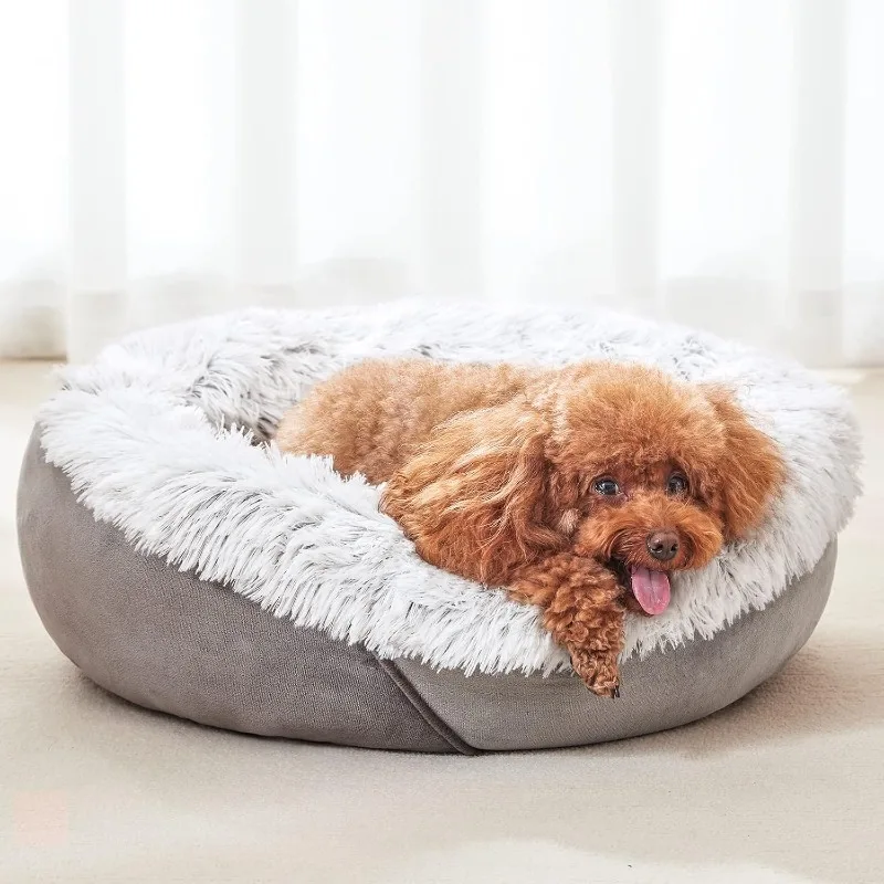 Calming Dog Bed for Small Medium Dogs, Anti-Anxiety Puppy Cuddler Bed, Cozy Soft Round Fluffy Plush Pet Bed