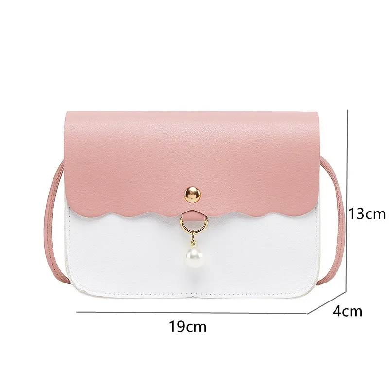 Bolsa crossbody de couro PU simples para mulheres, monocromática, bolsa mensageiro de ombro, pingente de pérola feminina, bolsa pequena de viagem, moda