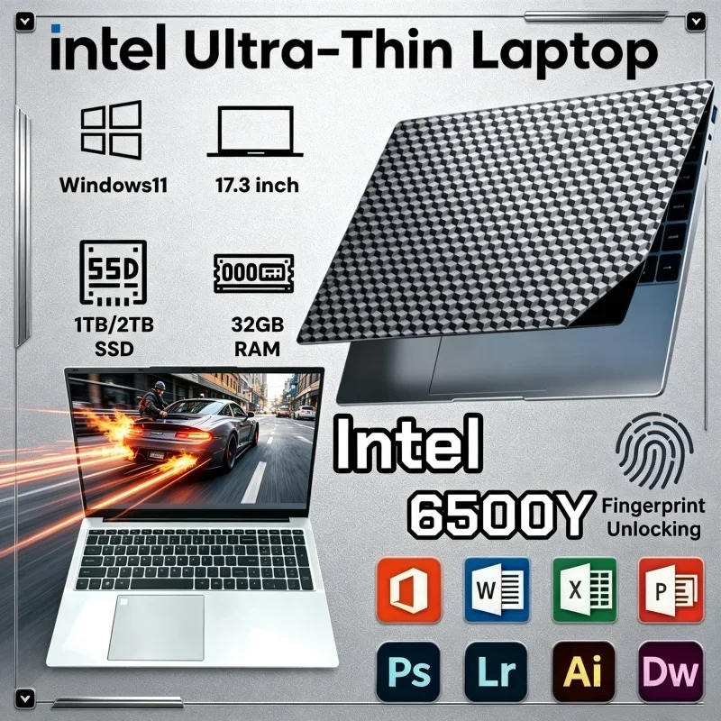17.3 Inch Fingerprint Recognition Laptop Intel 6500Y Windows 11 32GB RAM 2TB SSD Large Display For Home Office Media Entertainme