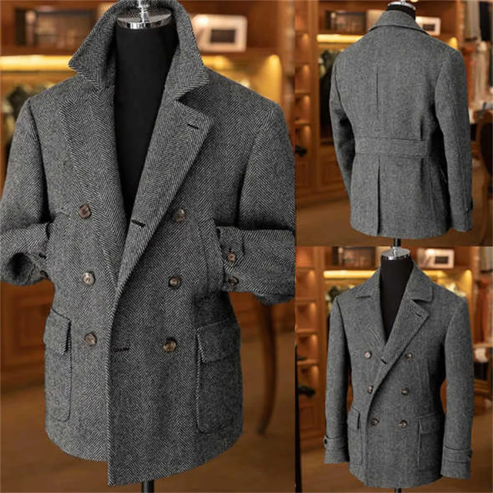 

British Men's Blazers Vintage Herringbone Tweed Formal Jacket Wool Blend Double Breasted Casual With Straps Sport Suit Coat