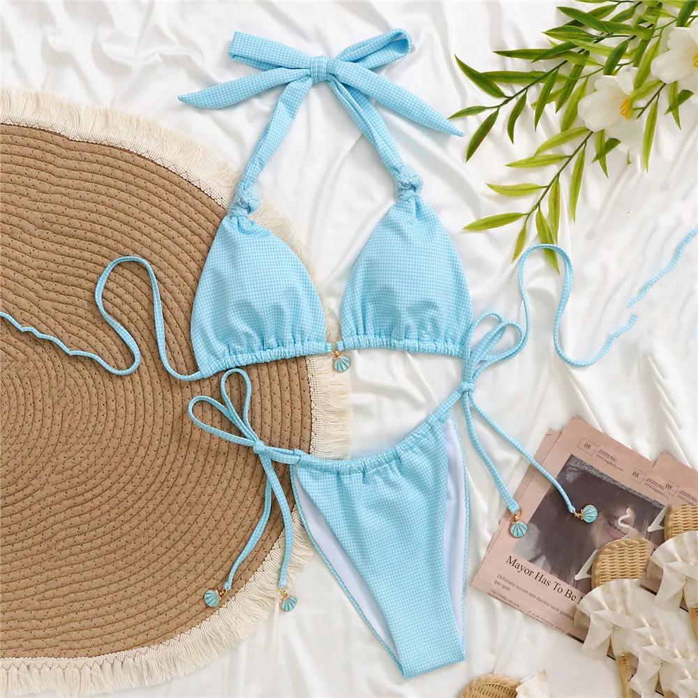 

Синий клетчатый сексуальный купальник с принтом, комплект из микро-бикини с треугольными трусиками-стрингами и лямкой через шею, женский, 2026, Shell Swimwear