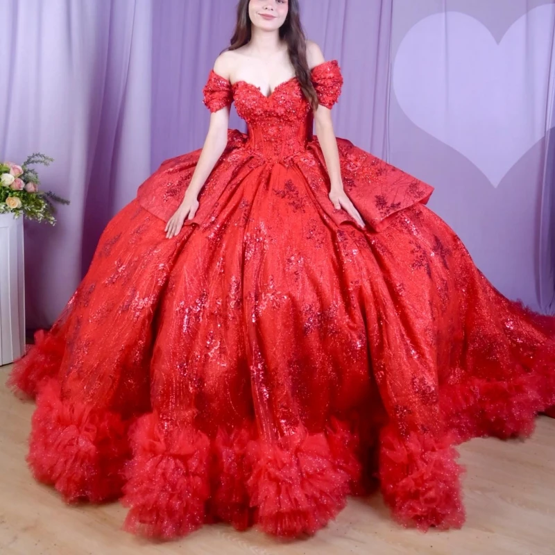 

Красные блестящие платья для квинсеаньеры с открытыми плечами, с пайетками, аппликациями, кружевом, бисером, кристаллами, бантом, многоярусным фатином, корсетом, для вечеринок, дней рождения, нарядные
