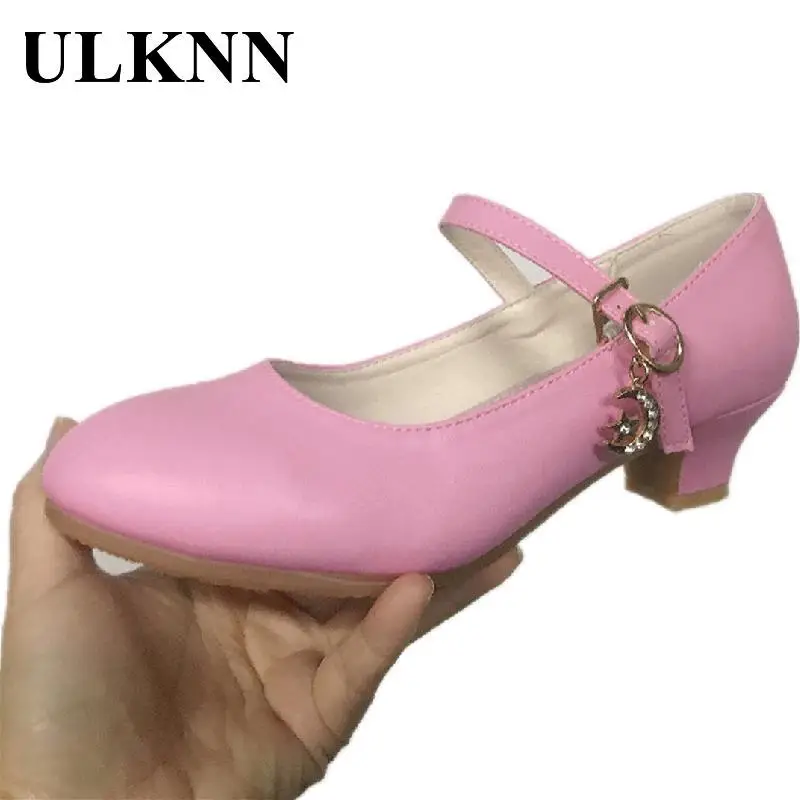 ULKNN Girl's Pink Leather Shoes Princess Silver Shoe For Girls Sandals High Heel Glitter Shiny Rhinestone Enfants Party Shoes