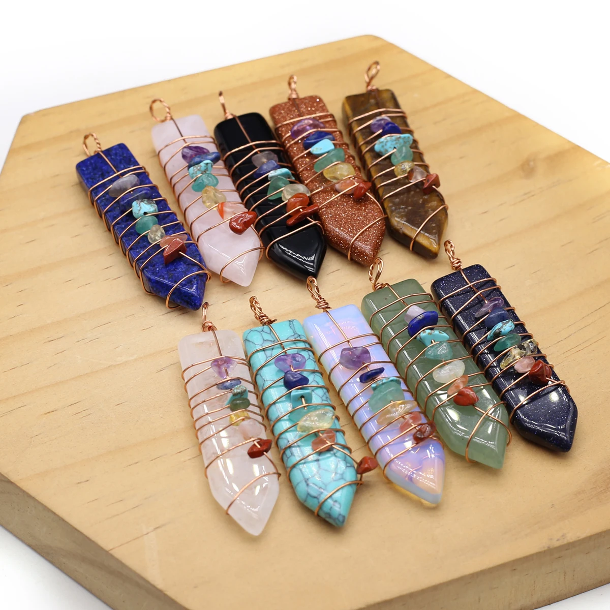 10PCS Wholesale Natural Stone Rose Crystal Agate 7 Chakras Reiki Healing Pendant DIY Jewelry Making Necklace Accessories Gift