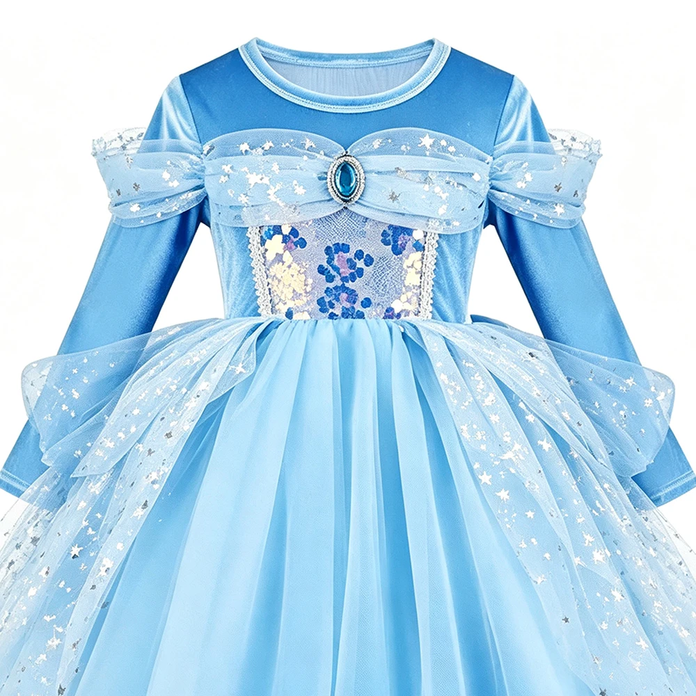 Mädchen Cinderella Blaues Pailletten-Prinzessinnenkleid mit Langen Ärmeln, Krone, Halskette und Komplettem Zubehör-Set als Geburtstagsgeschenk für Kinder – Detail 4