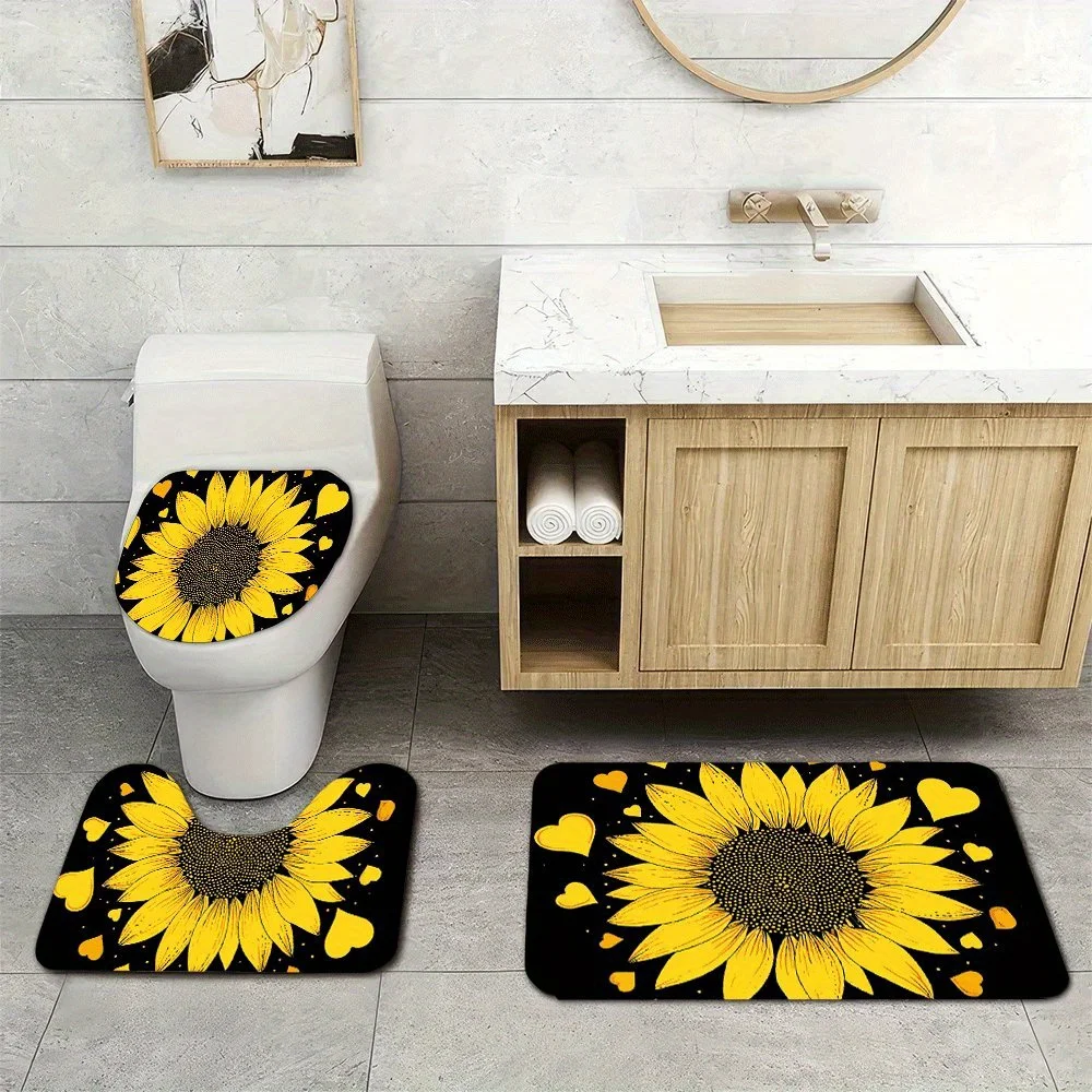 

3pcs Super Soft Bathroom Floor Mats Set, Absorbent, with Non-slip Backing, Sunflower Heart Pattern Print for Bathroom, Toilet