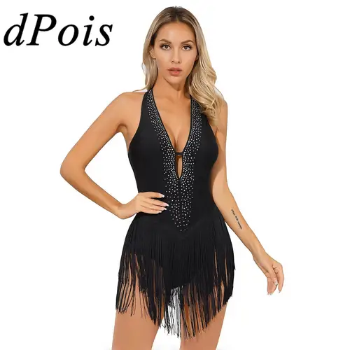 Vestido de leotardo de baile latino con flecos para mujer, Body de gimnasia con diamantes de imitación, Ropa de baile, patinaje, salón de baile, Tango, disfraz de Chacha