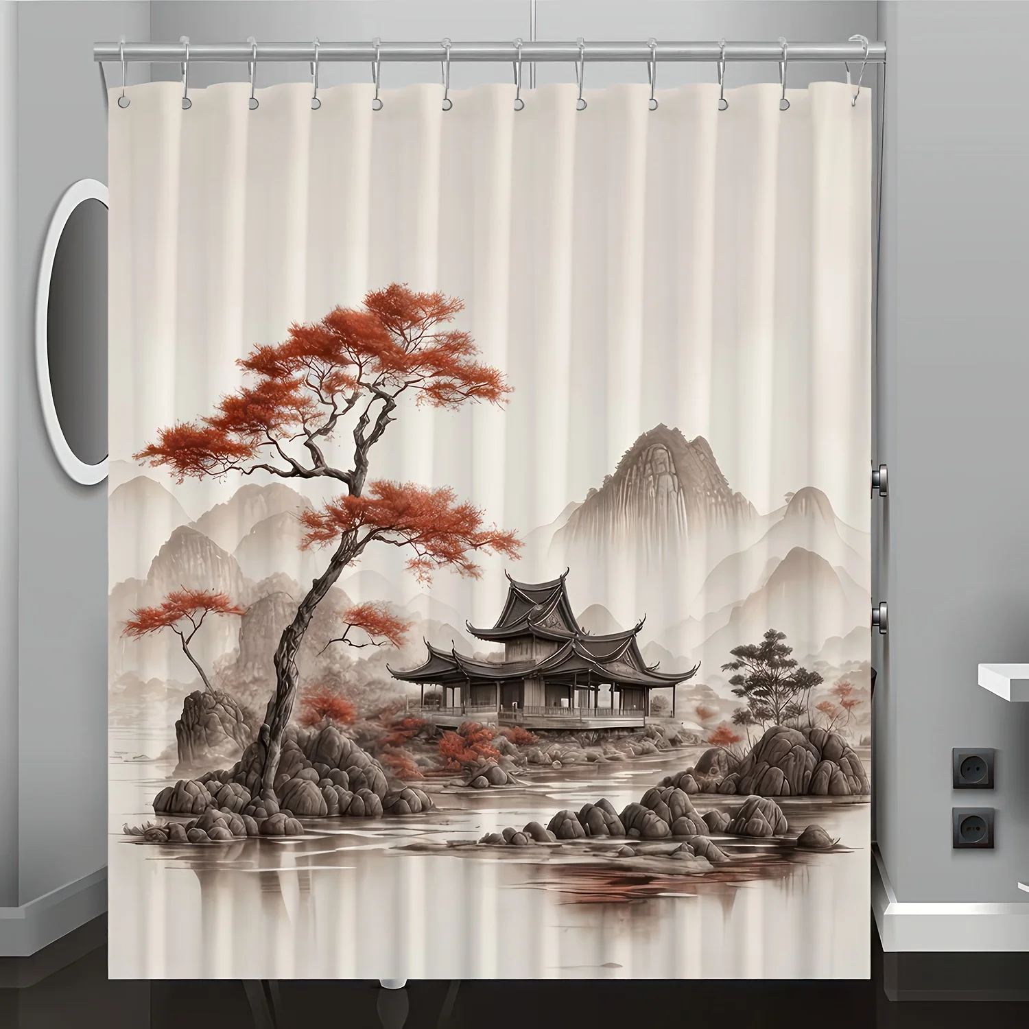 

1pc Mountain Landscape Pattern Digital Print Shower Curtain, Bathroom Home Decor with Free Hooks, Machine Washable, All-Season