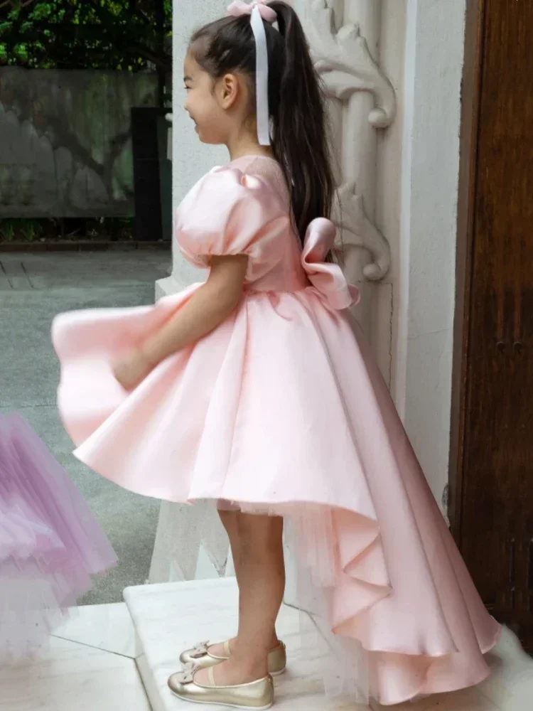 Birthday Banquet Princess Gowns Flower Girl Dresses Pink Satin Tulle Appliques With Bow And Trailing Short Sleeve For Wedding